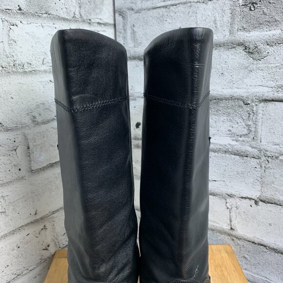 Vintage 80s Black Leather Retro Boots Black 7 Mid Calf Mid Low Kitten Cone Heel - Picture 6 of 16